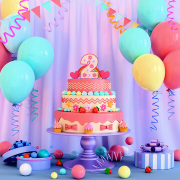 Birthday card for 2-year old toddler. Cake on a tray with number 2, gift boxes, festive balloons and tinsel against the blue folded curtain. 3D render.