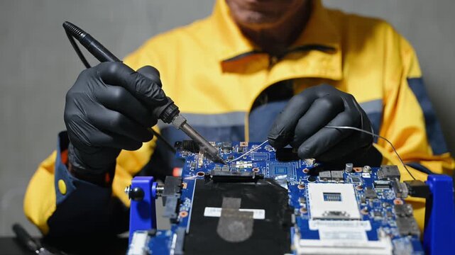 The technician is putting the CPU on the socket of the computer motherboard. electronic engineering electronic repair, electronics measuring