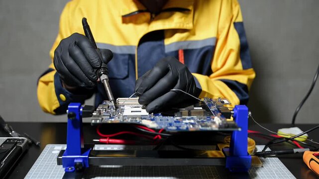 Closeup of expert soldering a green PCB board using precision tools. Ideal for electronics, circuit repair, engineering, tech