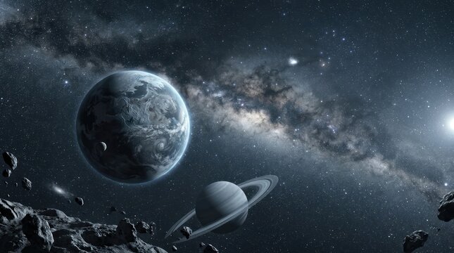 Cosmic galaxy with planets and stars