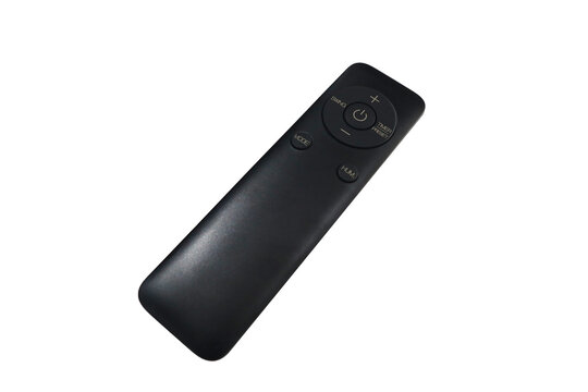 Black electronic remote control with labeled function buttons isolated on a white background