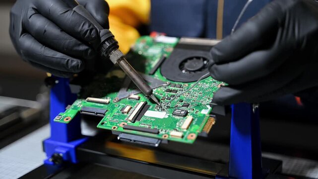 Closeup of expert soldering a green PCB board using precision tools. Ideal for electronics, circuit repair, engineering, tech