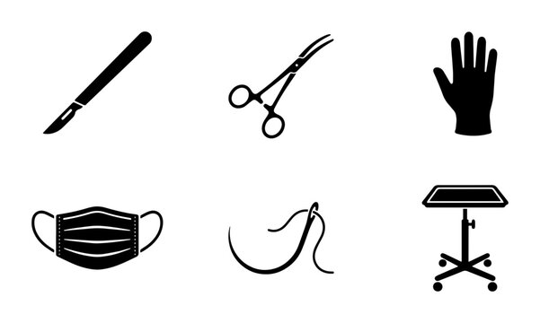 Medical Surgical Instruments Set, Healthcare Tools Icons, Black Silhouette Vector Graphics