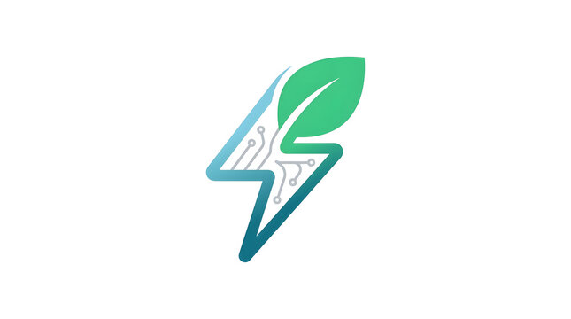 Green energy technology logo with lightning bolt leaf and electronic circuit icon