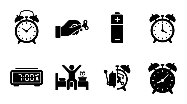 Alarm Clock Icons, Wake Up Symbols, Time Management Graphics, Battery Power, Fidget Spinner Toy