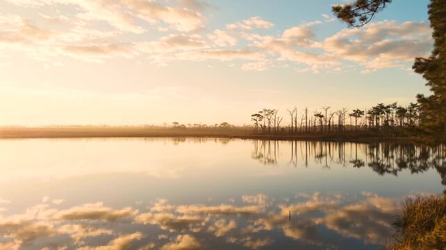 Landscape Cloud sky reflection water  nature of Pairat Thanchai Reservoir (Wang Kwang) with Pine tree in the Morning Sunrise at Phu Kradueng National Park Loei Thailand - Peaceful and Calm Footage