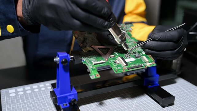Closeup of expert soldering a green PCB board using precision tools. Ideal for electronics, circuit repair, engineering, tech