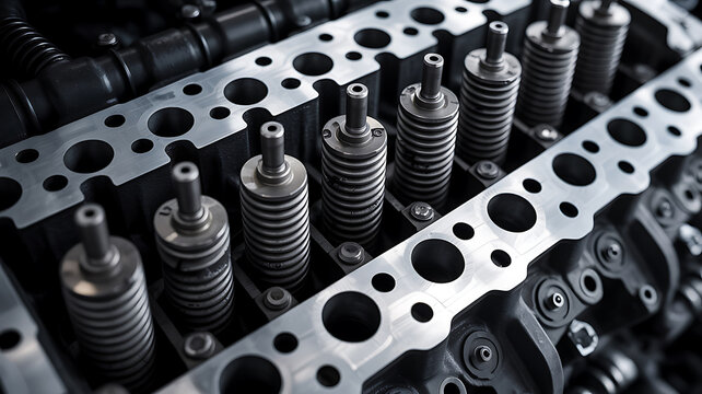 Close up of a complex diesel engine cylinder head with metal valves and springs 
