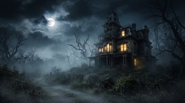 Scary haunted Victorian mansion standing on a foggy hill under a full moonlit night sky with bare trees and glowing windows