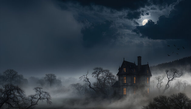 A mysterious old Victorian haunted house at night surrounded by foggy landscape and spooky bare trees under full moon