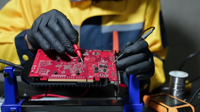 Closeup of expert soldering a green PCB board using precision tools. Ideal for electronics, circuit repair, engineering, tech