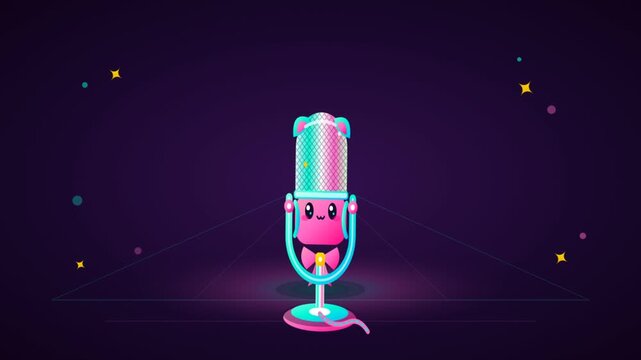 Cute Kawaii Microphone Character Bouncing and Stretching with Floating Music Notes