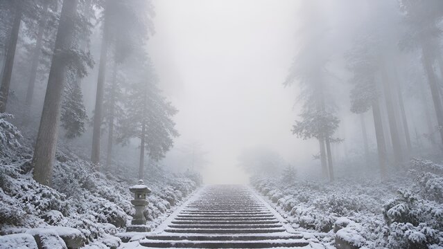 Snowy stone stairway in misty cedar forest with copy space
