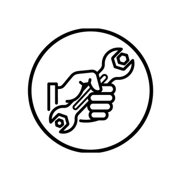 A black and white line art icon featuring a human hand firmly gripping a metal wrench inside a circular frame for maintenance concepts