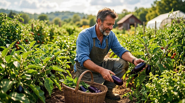 Smiling eggplant farmer harvesting purple eggplants on organic farm during garden harvest season for farm to table concept, healthy food cultivation and sustainable agriculture websites