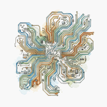 Digital watercolor circuit board trace lines graphic for tech engineering