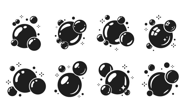 Variety of clean black and white soap bubble icons with shine and sparkle for fresh concepts