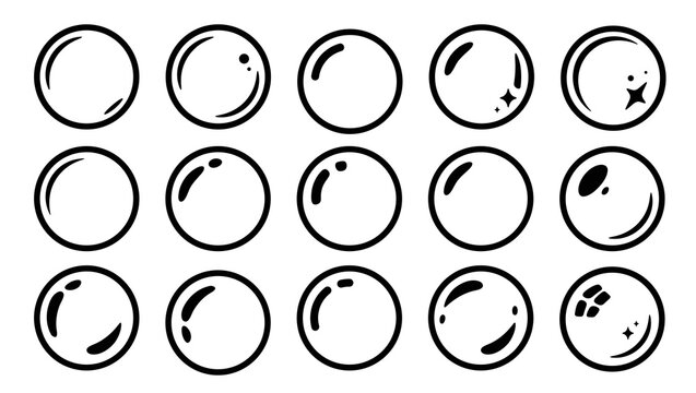 Dynamic collection of abstract black and white bubble icons with diverse glossy reflections and sparkling light effects