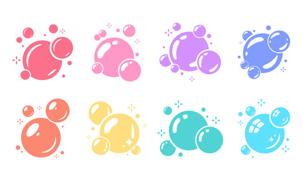 Colorful collection of glossy soap bubbles in red, pink, purple, blue, yellow, and teal tones.