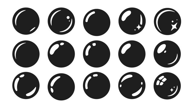 A diverse collection of glossy black spheres with various white reflection patterns, ideal for graphic design and user interface elements.