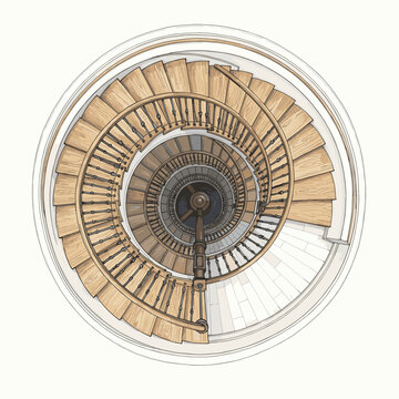 Vintage watercolor spiral staircase top view architecture interior art