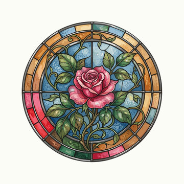 Colorful watercolor stained glass lead lines rose window religious art