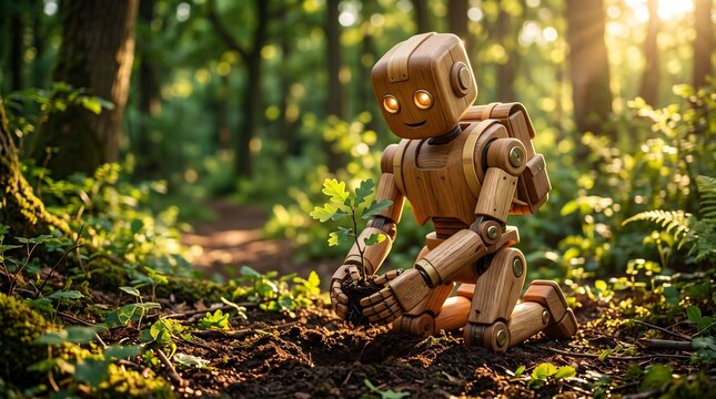wooden robot planting small green tree sapling in forest background eco technology and green energy sustainability concept