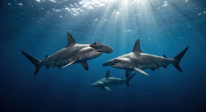 Hammerhead Sharks Cruising Through Sunlit Ocean Waters