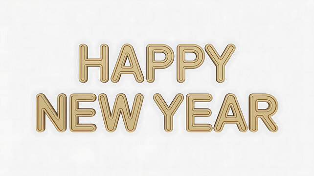 Golden three dimensional letters spelling HAPPY NEW YEAR on a white textured background 