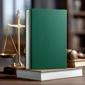 Green book law justice legal courtroom gavel scale blank cover thick report propped wood table education reference authority