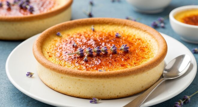 Golden-crusted custard dessert garnished with lavender on white plates, close up
