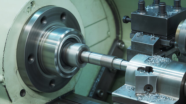 Industrial Lathe Machine with Metal Component Being Threaded and Metal Shavings Scattered