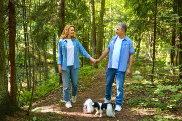 Fototapeta premium Mature Couple Walking Two Small Dogs on a Forest Path