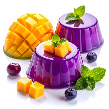 Colorful fruit jelly desserts with mango and blueberries.