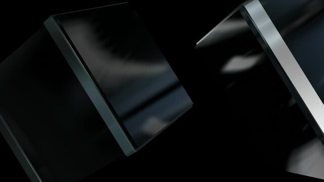 White   color rotating cube shape with 3d reflection effect transparent glass designloop able black background