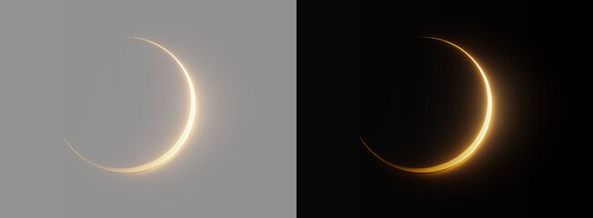 Golden Glowing Light Arc Crescent Solar Eclipse Halo Overlay Isolated on Grey and Black Backgrounds © Olena