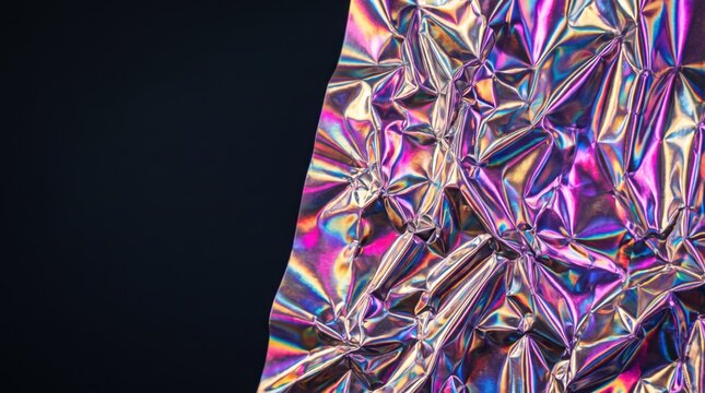 Blank metallic holographic paper with iridescent color shifts and crumpled texture on dark background