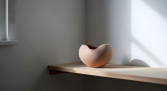 Minimalist ceramic vase on a wooden shelf with natural light.
