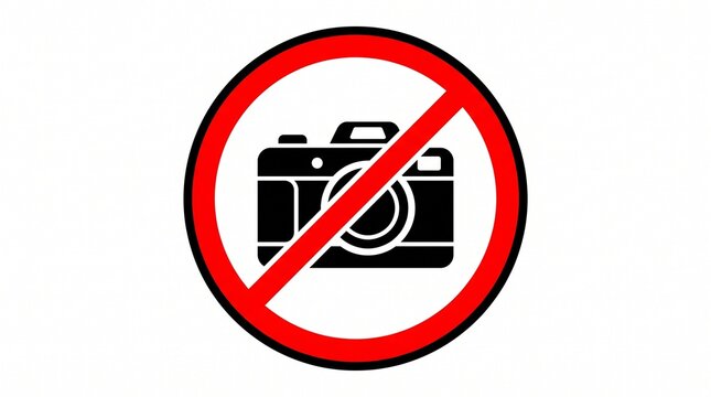 No photography allowed sign with camera icon and red prohibition circle on white background