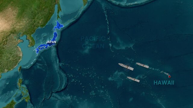 Strategic naval fleet maneuvers across the Pacific Ocean towards Hawaii video animation