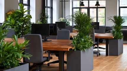 Fototapeta premium Modern office space featuring wooden desks gray chairs and lush green plants under large
