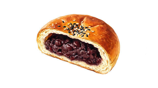 Watercolor cross section of Japanese anpan bun on white background