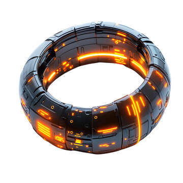 Futuristic ring with glowing orange patterns, showcasing advanced technology and design in a digital world.