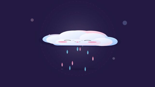 Cute kawaii cloud character with squash and stretch animation raining drops