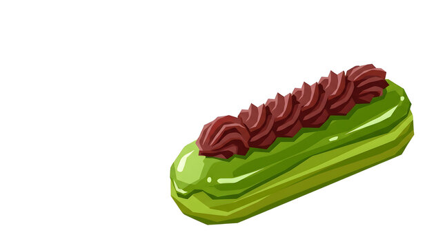 Matcha green tea eclair with red bean cream on white background