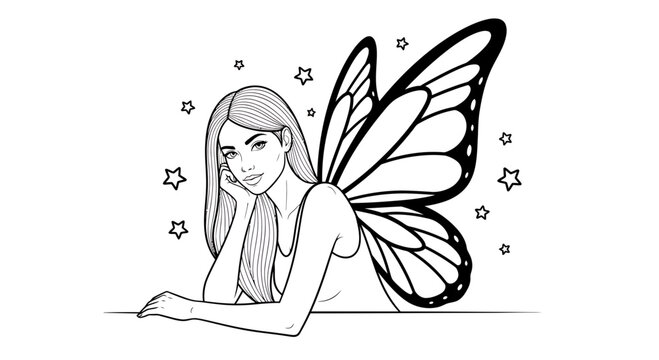 Portrait of a girl with butterfly wings resting on her elbows in a dreamlike scene.