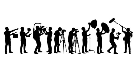 Obraz premium Filmmaker Crew Silhouettes, 10 Vector Icons: Camera Operators, Lighting Technicians, Boom Mic Holders, Action Clapperboard, Video Production Team, Cinematography Professionals, Media Creation