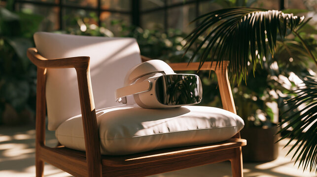 White virtual reality VR headset placed on comfortable wooden armchair in lush green sunroom indoor garden.