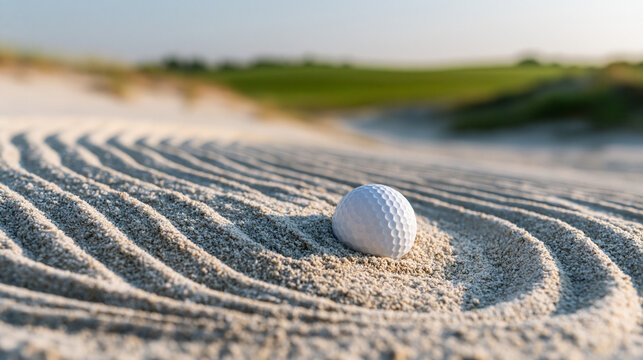 White golf ball lies in a smoothly leveled white sand bunker on an outdoor golf course.