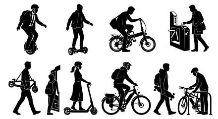 Modern Urban Mobility Icons: Diverse People on Electric Scooters, Bikes, and Unicycles, Sustainable Commute Vector Set © Lamiya